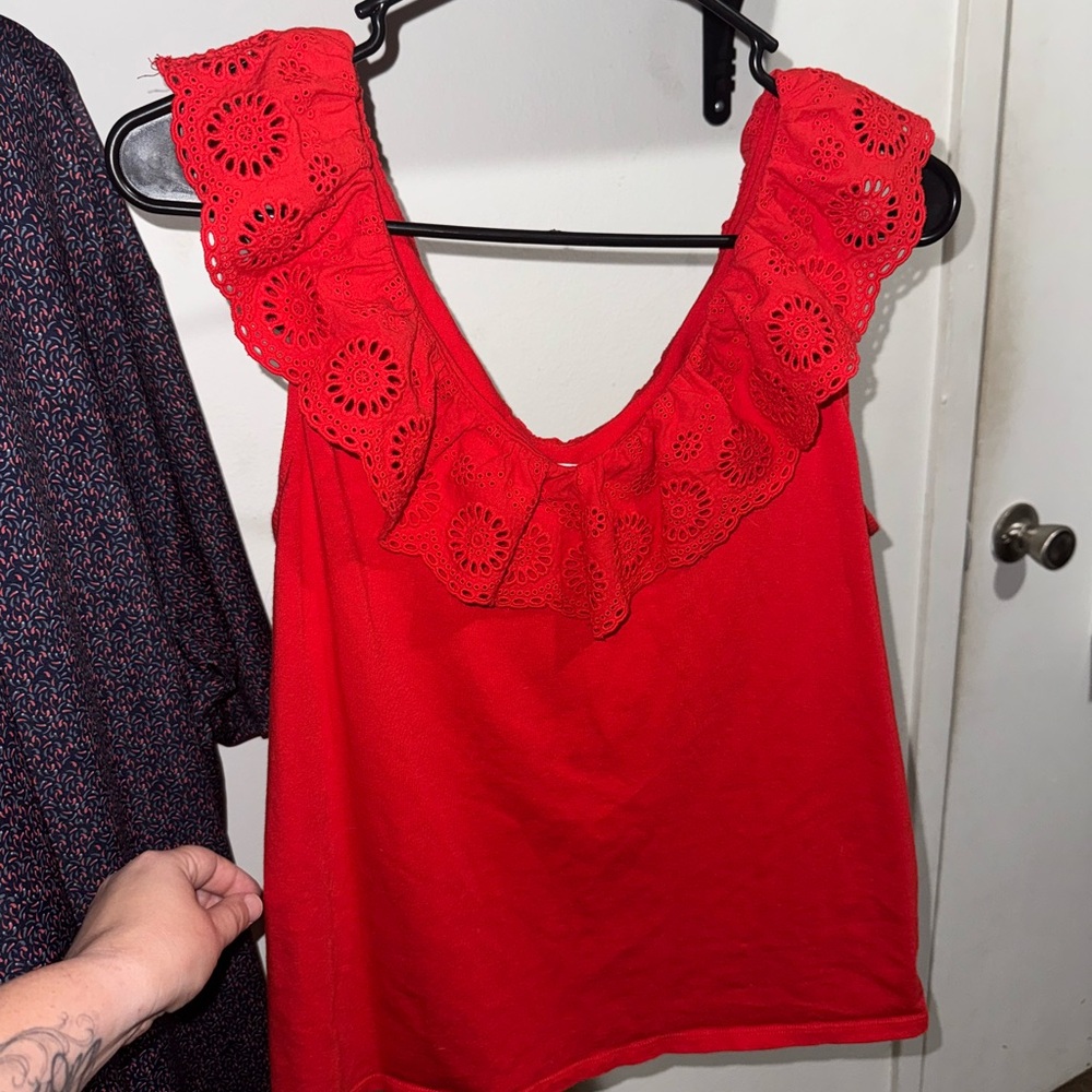 Red Eyelet Lace Trim Women's Top